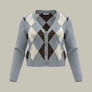 American Eagle Argyle Cropped Cardigan Sweater Blue Brown V-Neck Size M